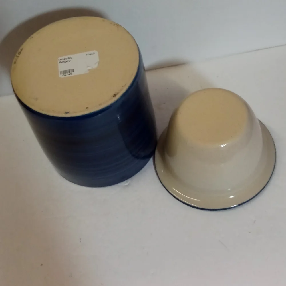 French Butter Keeper Container Thick Heavy Pottery Handcrafted Blue Swirl New